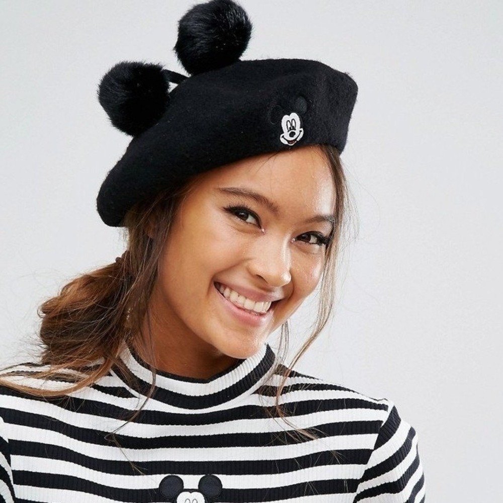 Lazy Oaf x Disney Mickey Mouse Wool Beret with Faux Fur Pom Poms
